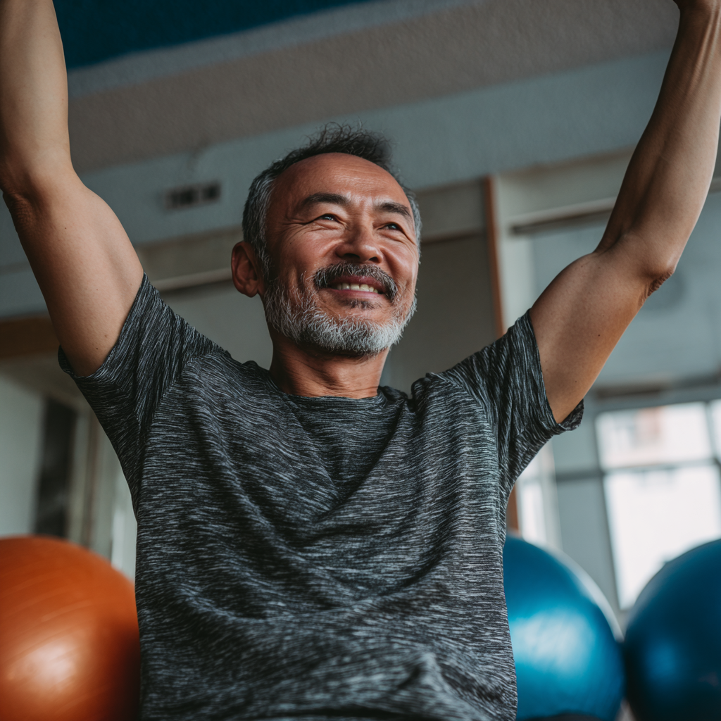 Cheerful elderly Uzbek man holding a glass of water and fresh fruits, wearing comfortable athletic clothing, with a warm smile showing healthy lifestyle choices