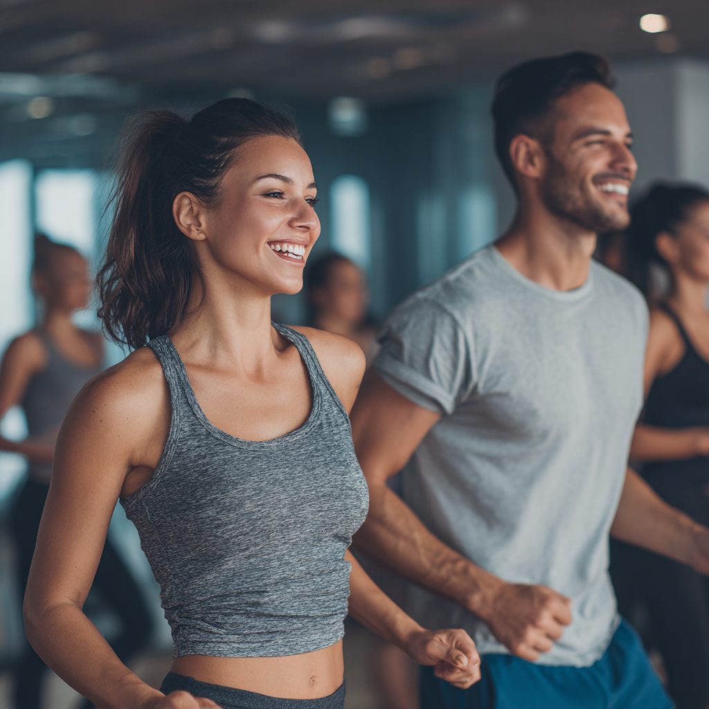 Happy young Uzbek woman in bright workout attire stretching her arms up victoriously after completing an energizing cardio session, with a bright smile expressing satisfaction and achievement